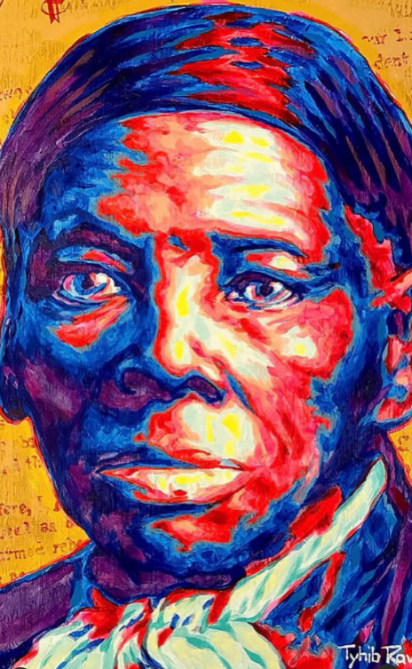 A painting of a man with blue and red colors.