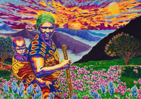 A painting of two people in the field