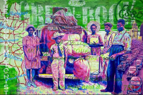 A painting of people standing around an old truck