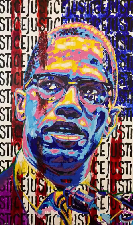 A painting of malcolm x with the word justice behind him.