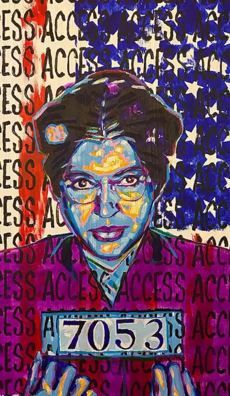 A painting of a woman with the american flag behind her.