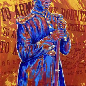 A painting of a man in blue coat holding a cane.