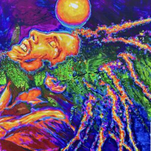 A painting of a man with dreadlocks and a sun in the background.