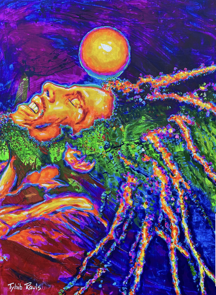 A painting of a man with dreadlocks and a sun in the background.