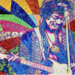 A colorful painting of jimi hendrix playing guitar.