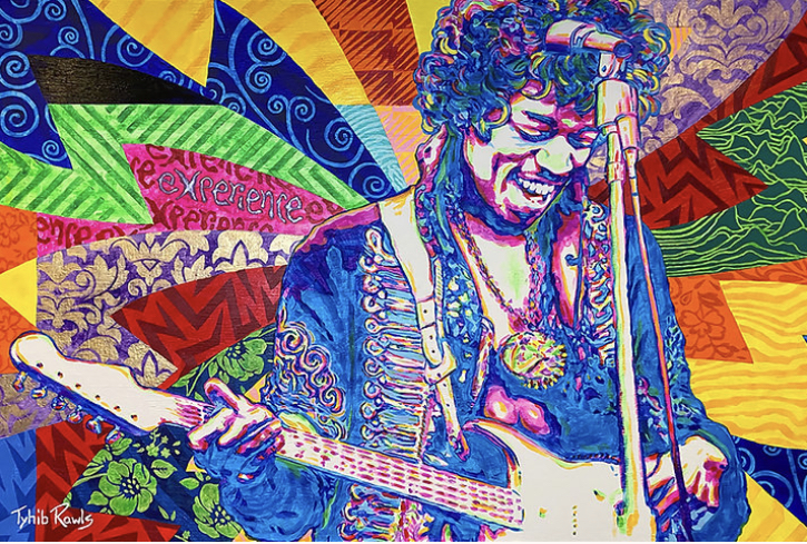 A colorful painting of jimi hendrix playing guitar.