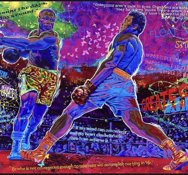 A painting of two boxers in action.