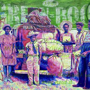 A painting of people standing around an old truck