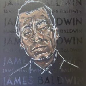 A painting of james baldwin with words behind him.