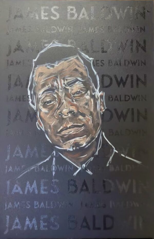 A painting of james baldwin with words behind him.