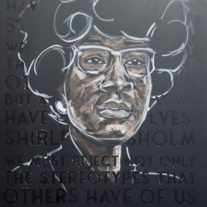 A painting of a man with glasses and curly hair.