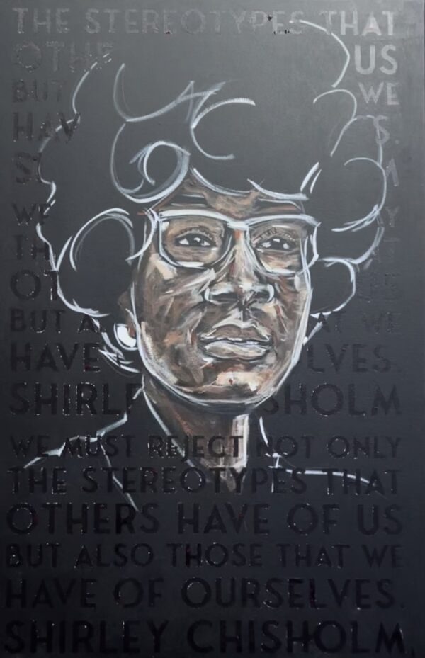 A painting of a man with glasses and curly hair.