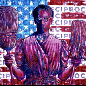 A painting of a man holding two brooms