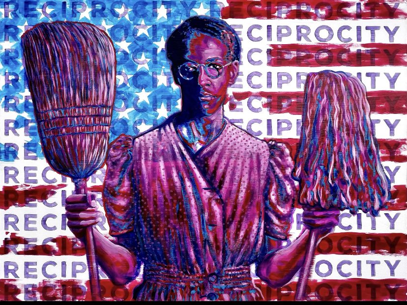 A painting of a man holding two brooms