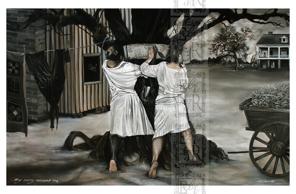 A painting of two men in white robes holding onto a tree.